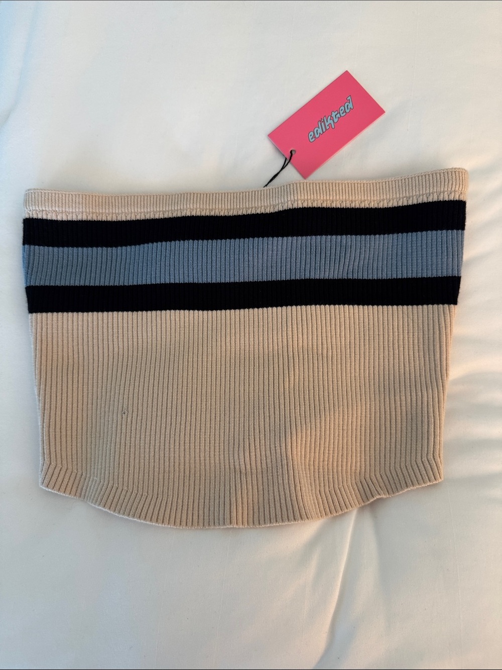 Edikted Beige Ribbed crop top with Navy and Light Blue Stripes